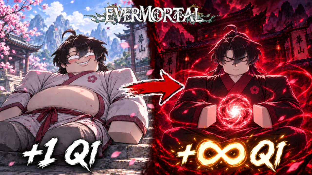 Cultivation Evermortal split art of a mortal gathering plus one Qi, then the same cultivator meditating with infinite Qi.