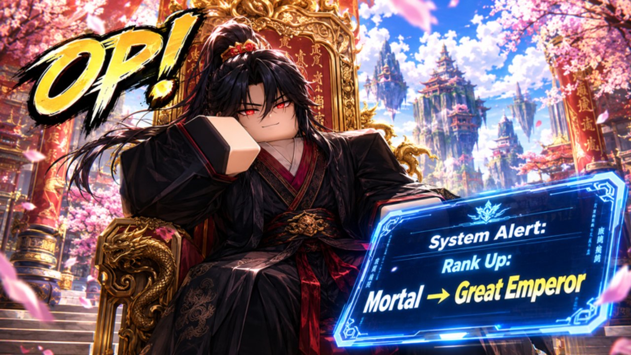 Cultivation Evermortal rank-up scene of a cultivator on a golden throne as the system alerts Mortal to Great Emperor.
